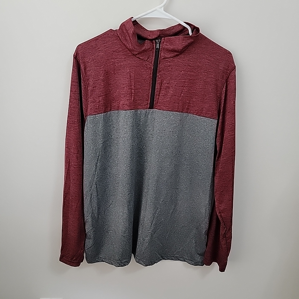 Real Essentials Mens Active DryFit Long Sleeve Pullover-1/4 Zip Gray/Maroon Sz L